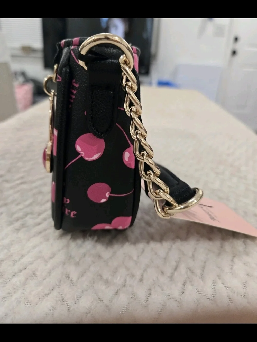 Juicy Couture Black & Pink Cherry Print Wristlet Bag NWT